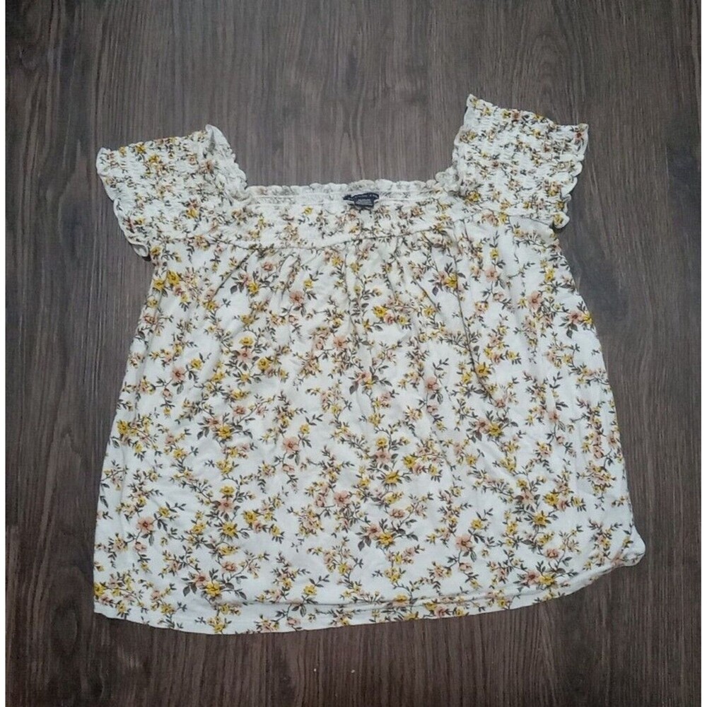 American Eagle Shirt Blouse Youth Size Medium Yellow Floral Print Peasant